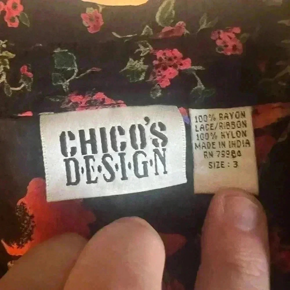 Vintage 90s Chico's Black Floral  Sheer Blouse, Lace Ribbon Accents Size 3 - Picture 4 of 5